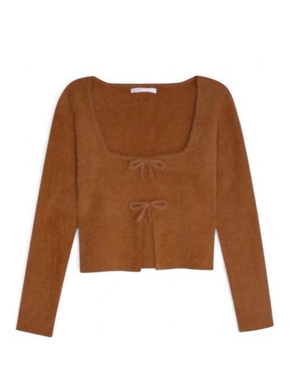 OAK + FORT Brown Bow Tie Square Neck Fuzzy Knit Sweater LARGE Burnt Orange